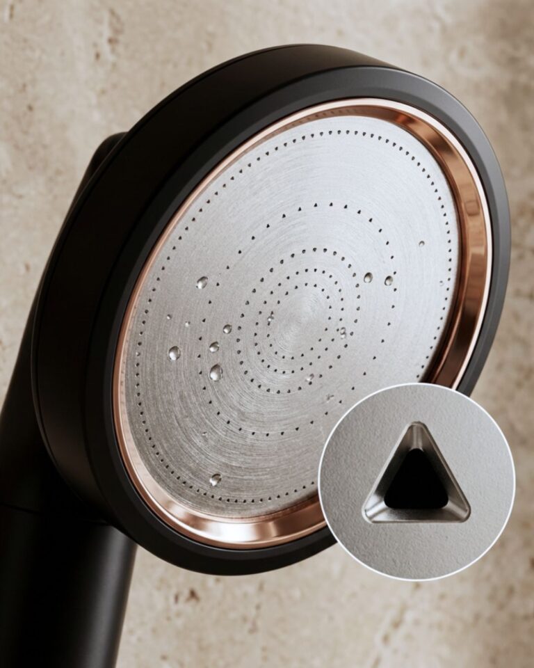 Close view of the Suhae spray plate, with one triangular jet hole shown enlarged