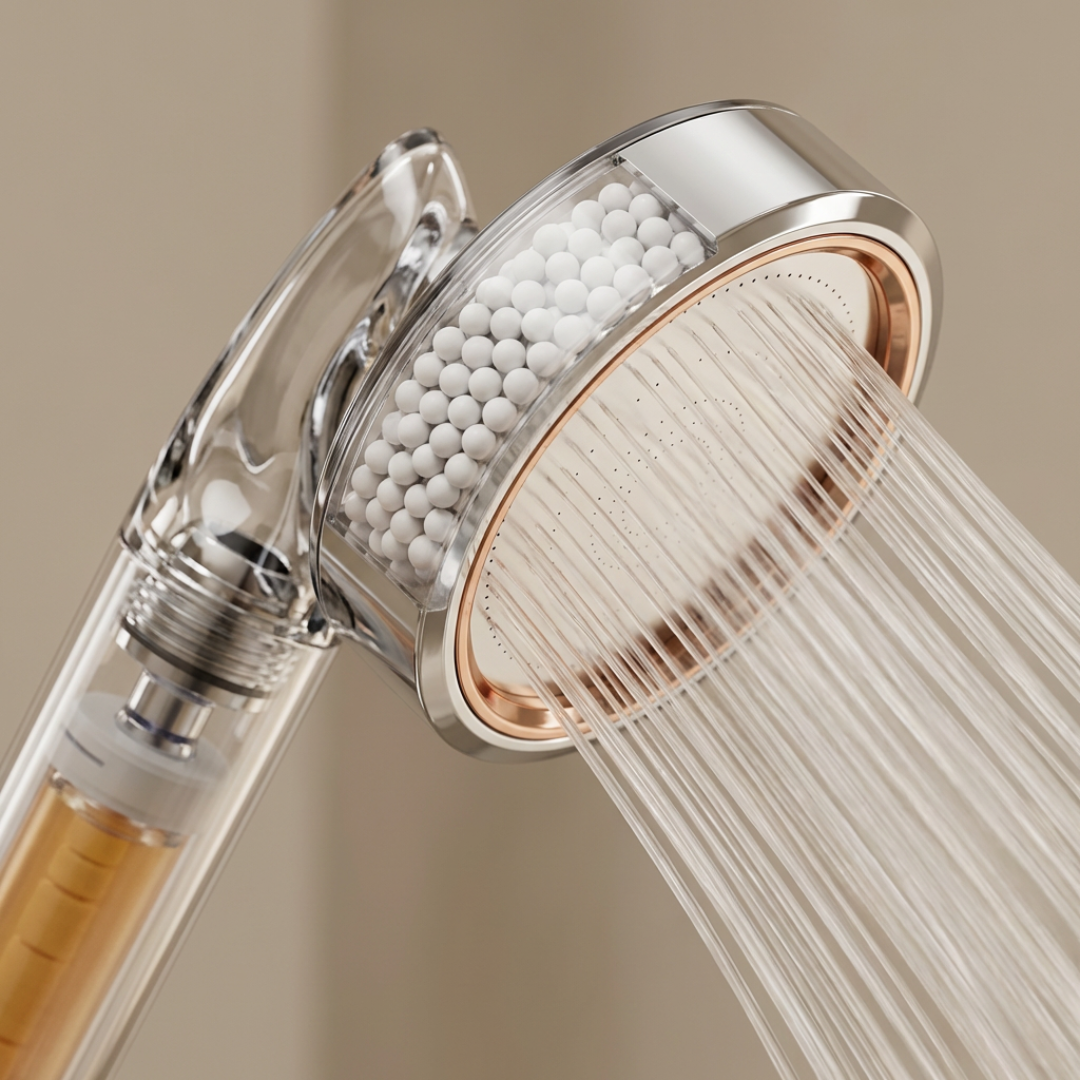 Cutaway of a Suhae handshower showing the ceramic bead chamber, with water running from the plate.