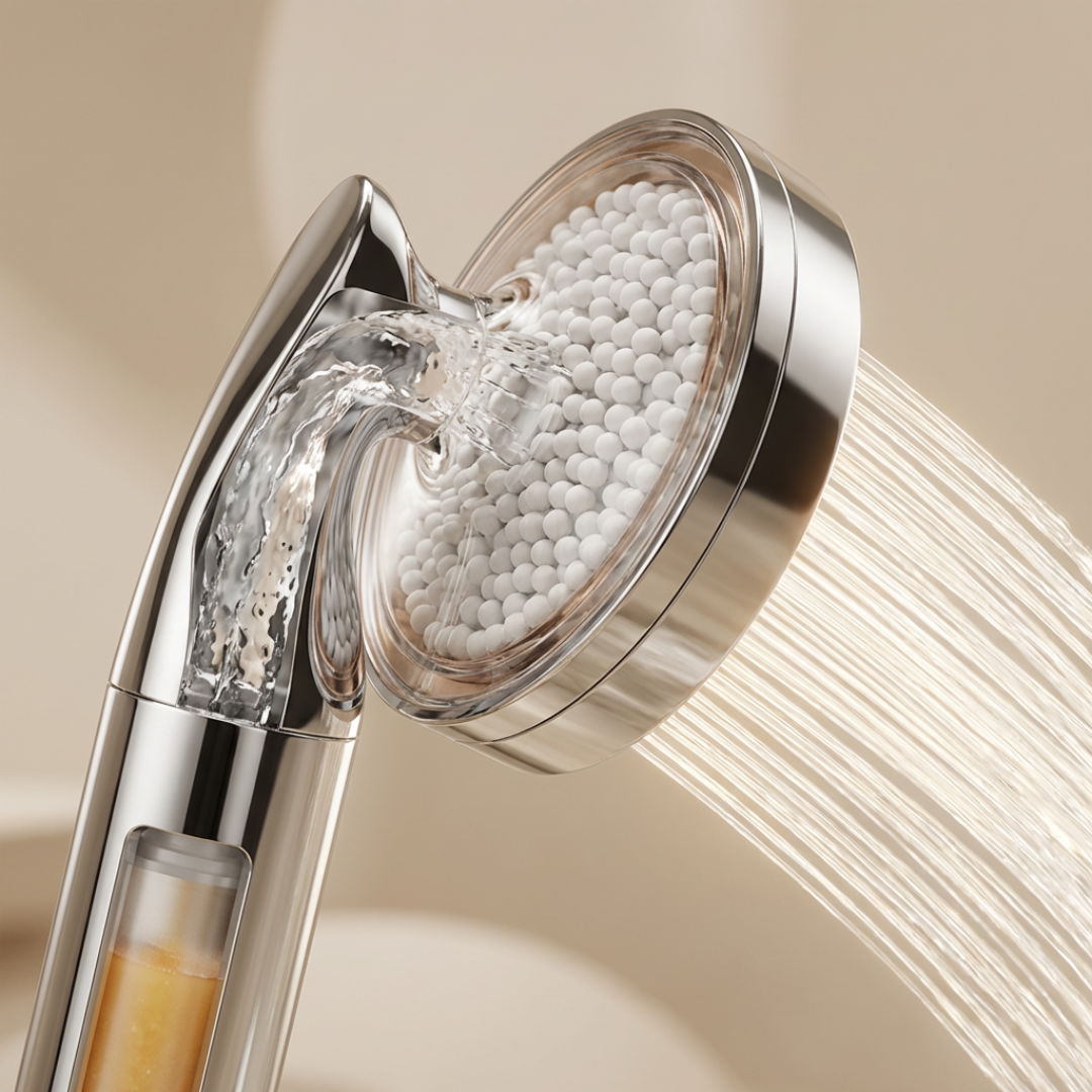 Cutaway of a Suhae handshower showing the ceramic bead chamber and the vitamin C cartridge below it, with water running.