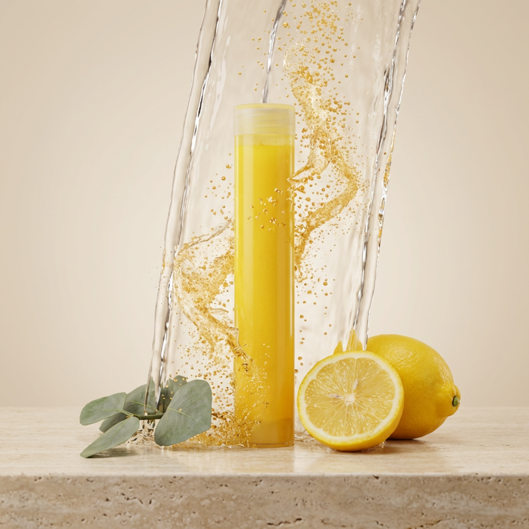 A Suhae vitamin C cartridge on stone with water running over it.