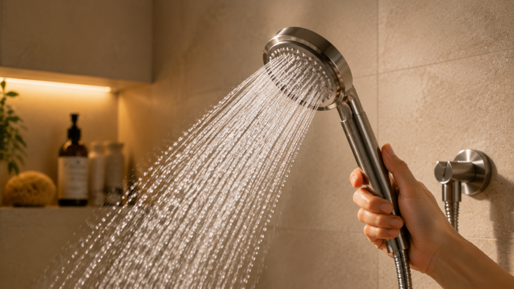 Handheld shower head releasing a soft, even water flow