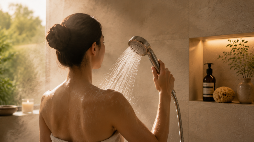 Person enjoying a relaxing shower with a handheld shower head in a warm minimalist bathroom