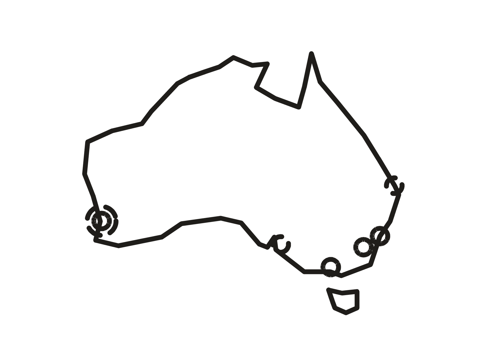 Outline map of Australia with a ring on each capital city, solid where the water is soft and dashed where it is moderately hard, and no ring on Hobart.