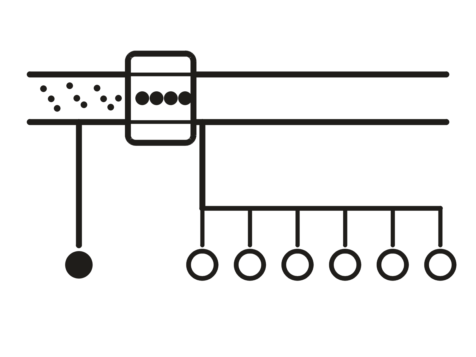 A water channel carrying scattered particles into a filter body and leaving it empty, with one filled sample disc before the filter and six open sample discs along the run after it.