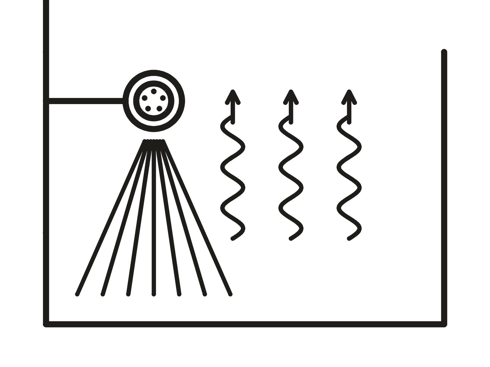 Line drawing of a shower recess, with wavy paths rising away from the falling water and out of the top of the frame.