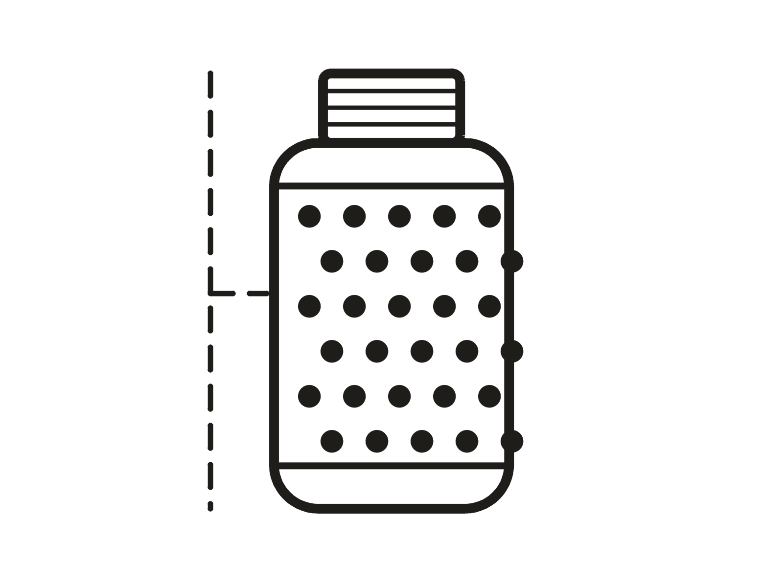A cartridge drawn in section, with the granular media visible inside it.