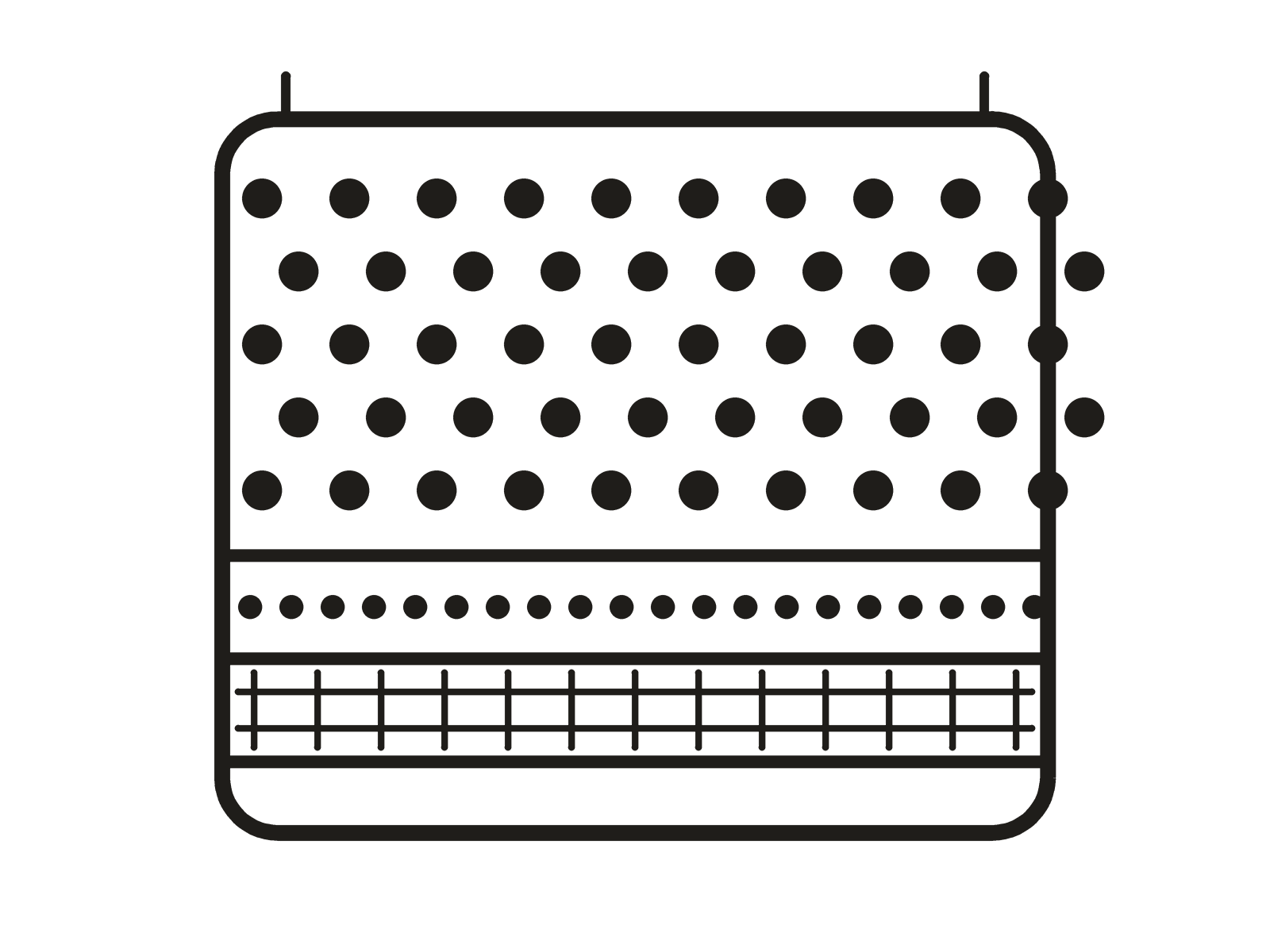 A filter drawn in section with three chambers of very different depth stacked inside it.