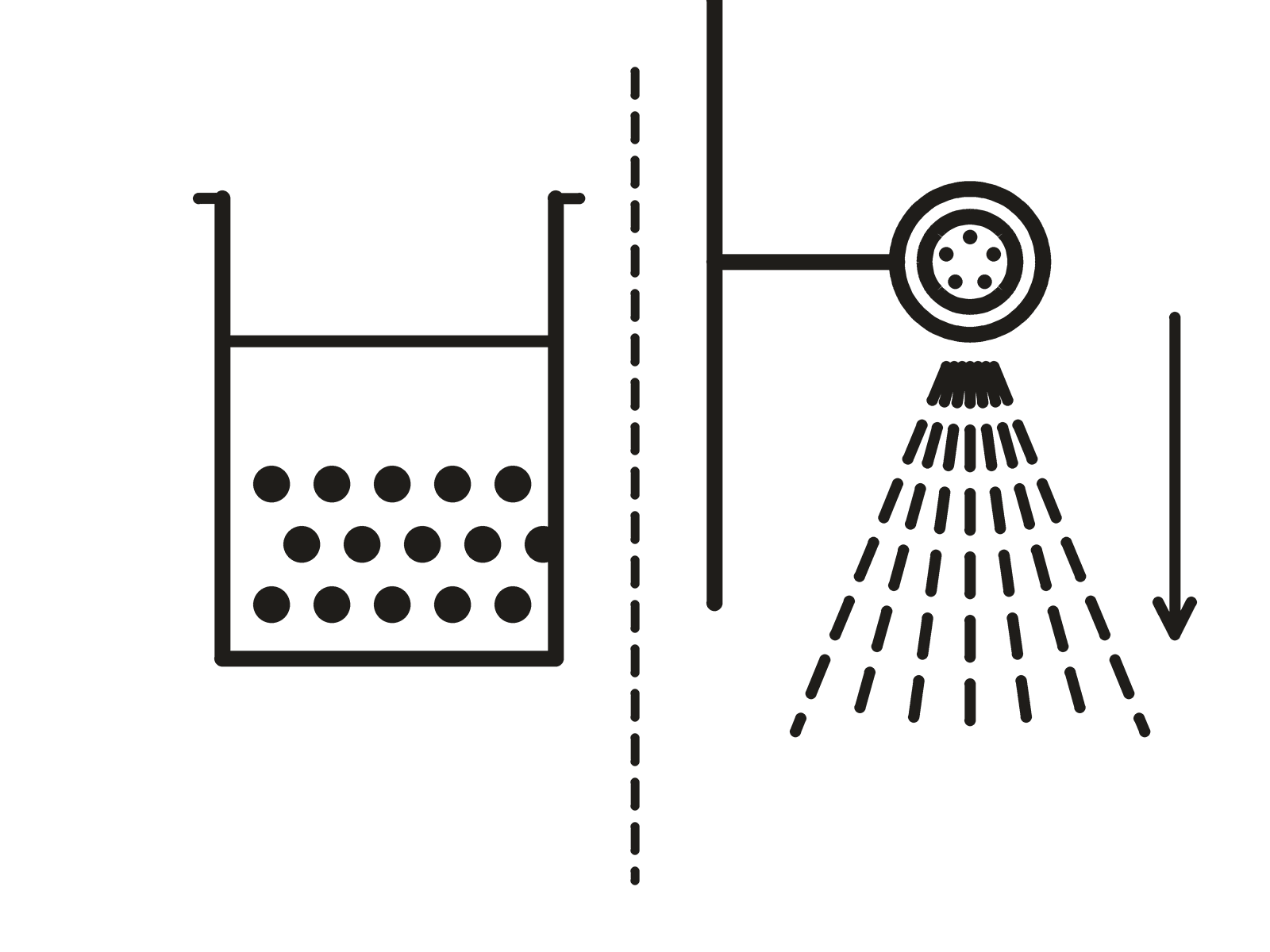 Two panels. Media sitting in a beaker of water, and beside it water passing through a shower head.