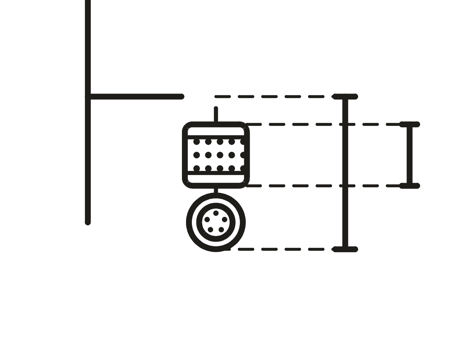 A shower arm with a filter and head below it, and two dimension lines marking the space to measure.