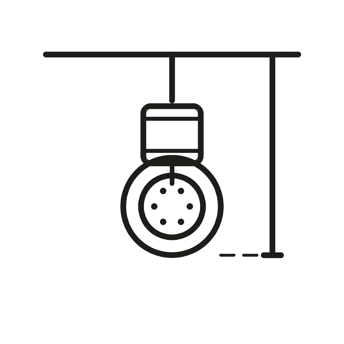 A ceiling-mounted rain head with the filter in the drop and the height below marked.