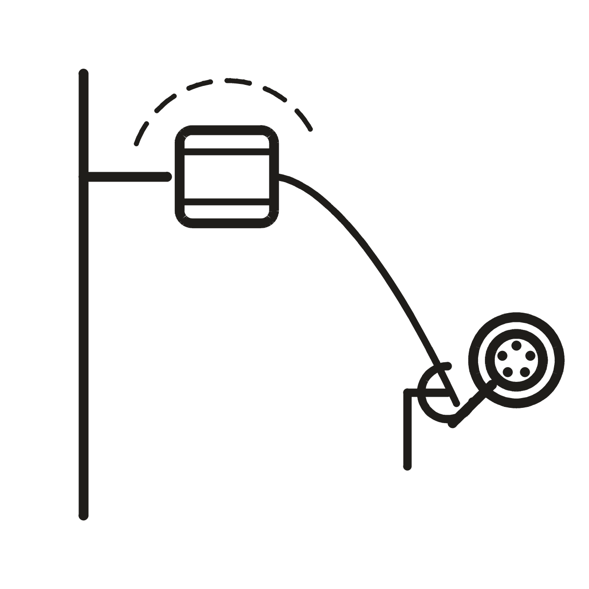 A handheld head on a hose sitting at an angle on its cradle, with the filter above it at the wall.