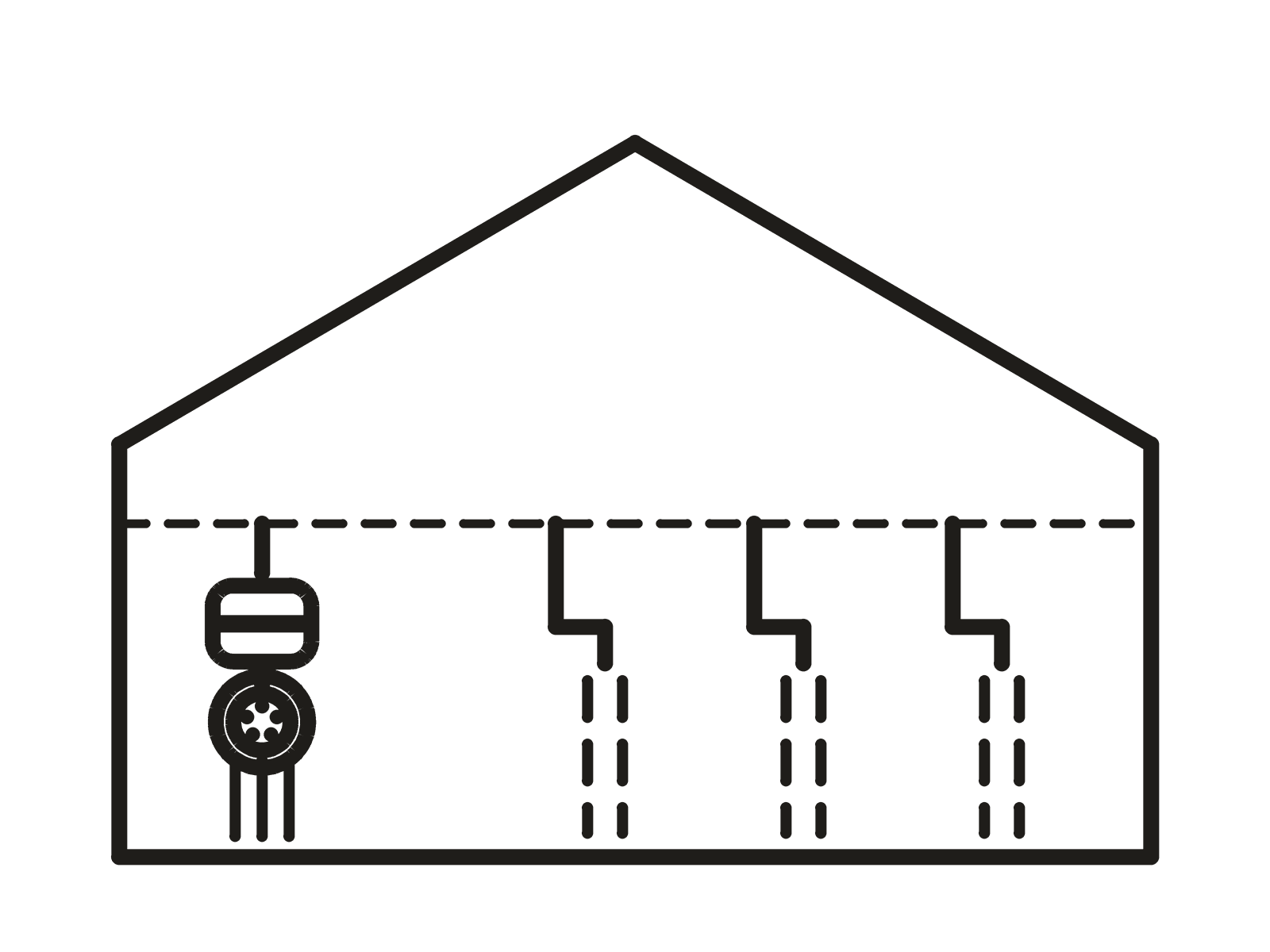 A house in outline with four outlets on one service run. One carries an inline cylinder and unbroken lines below it; the other three have dashed lines.