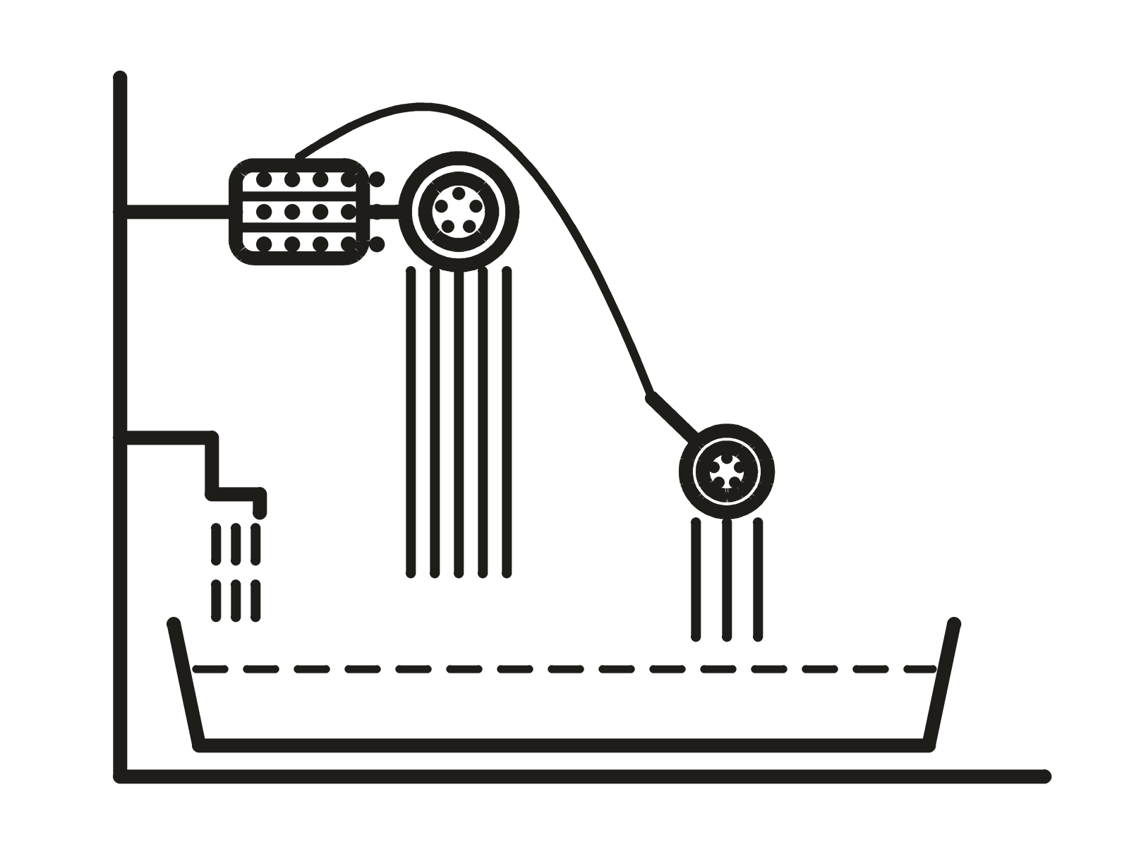 One wall in section. An inline cylinder sits between the arm and the head, with unbroken lines falling from the head. Lower on the same wall a spout drains into the tub in dashed lines.
