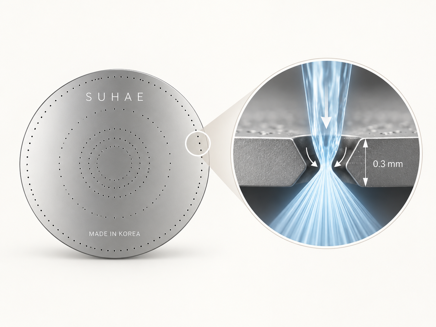 Close-up of the SUHAE Aera Flow spray plate showing its 0.3 mm openings.