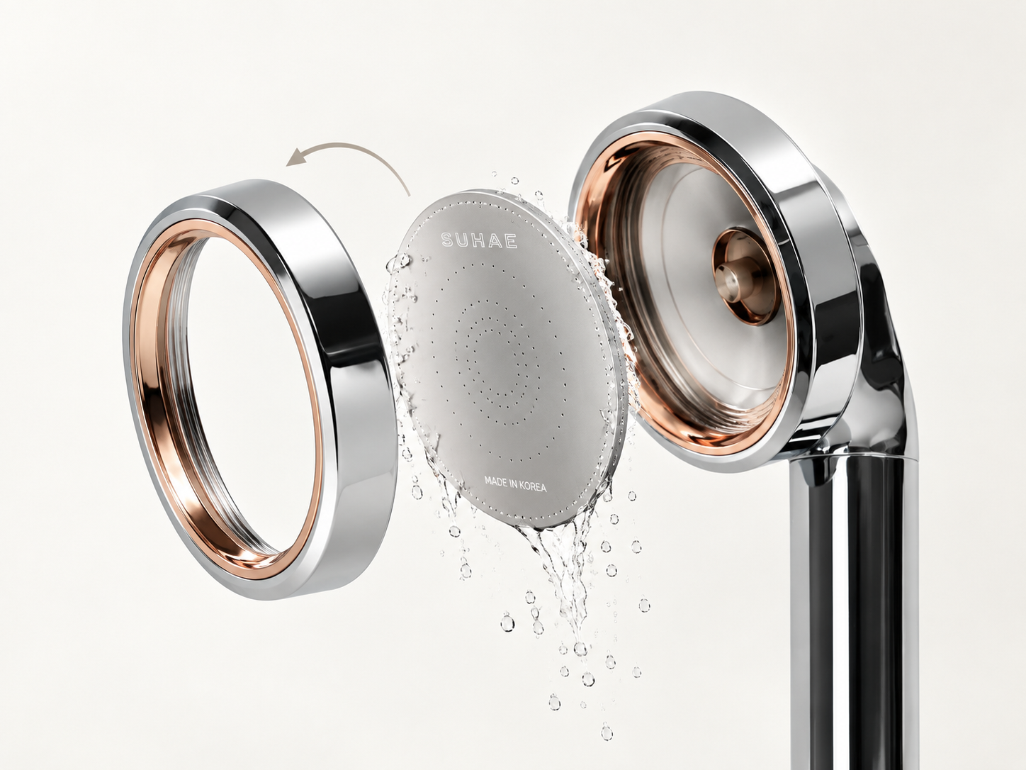 The SUHAE showerhead opened by hand for routine spray-plate rinsing.