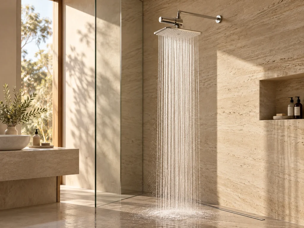 SUHAE Aura overhead shower installed in a warm, modern Australian bathroom