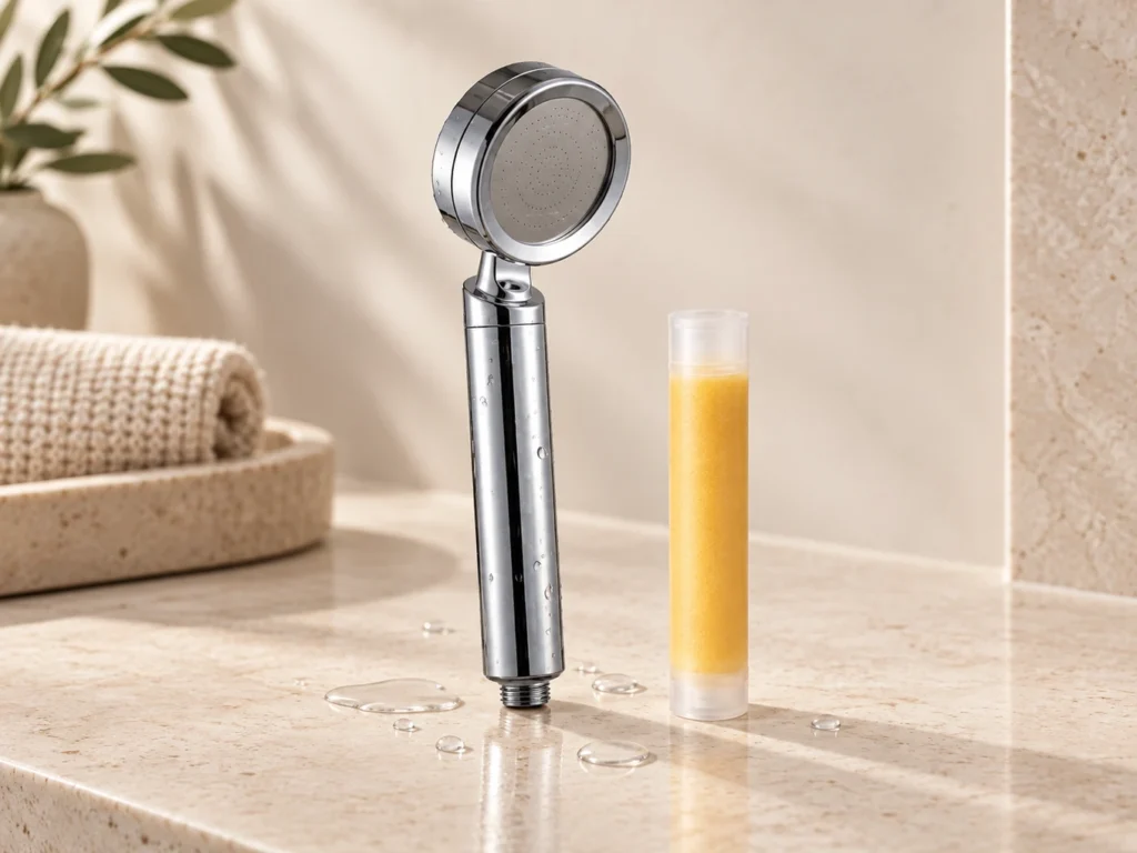 SUHAE Nourish shower head beside its Vita refill cartridge