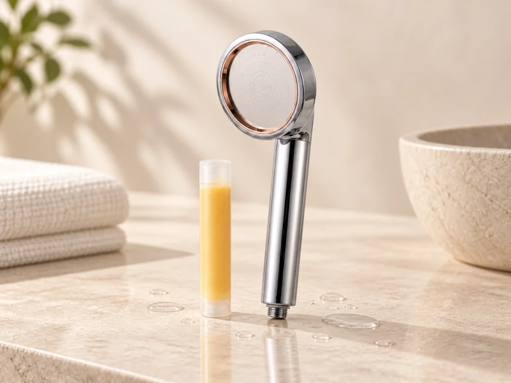 SUHAE Radiance shower head beside its Vita refill cartridge