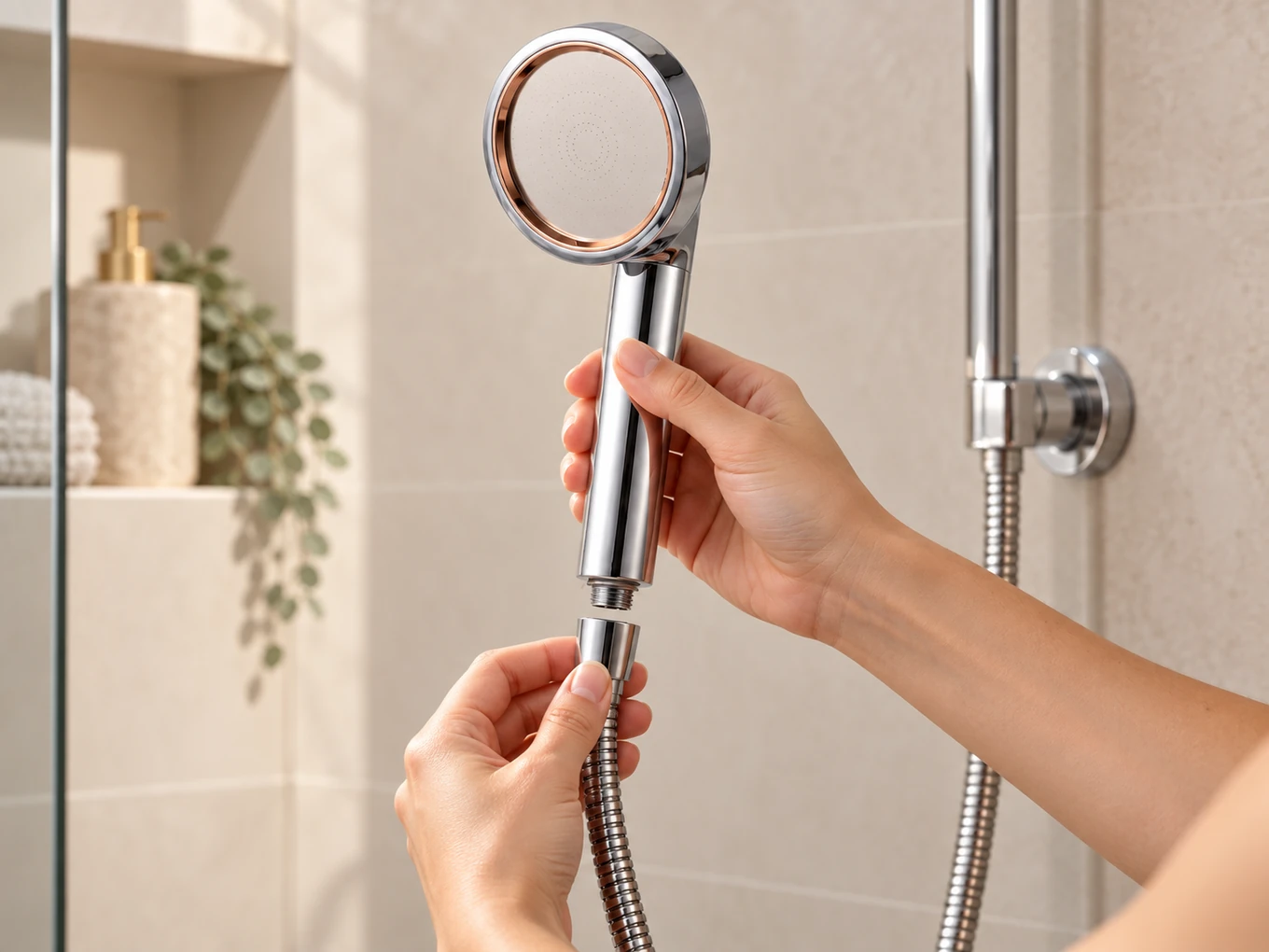 Hands attaching the SUHAE Radiance shower head to a standard shower hose