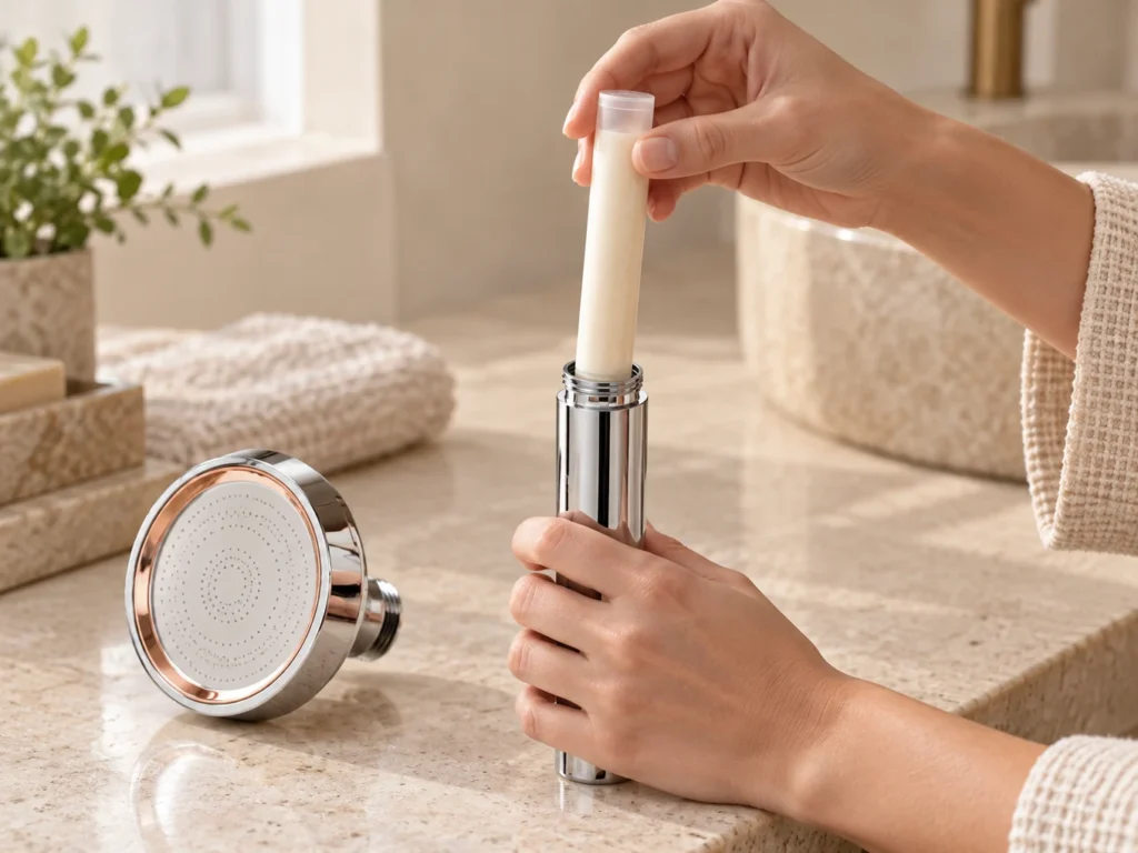 Hands fitting a SUHAE Vita refill into a compatible shower handle