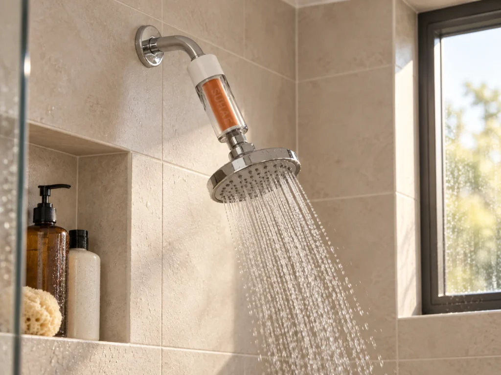 SUHAE Universal installed in a warm tiled bathroom with water running.