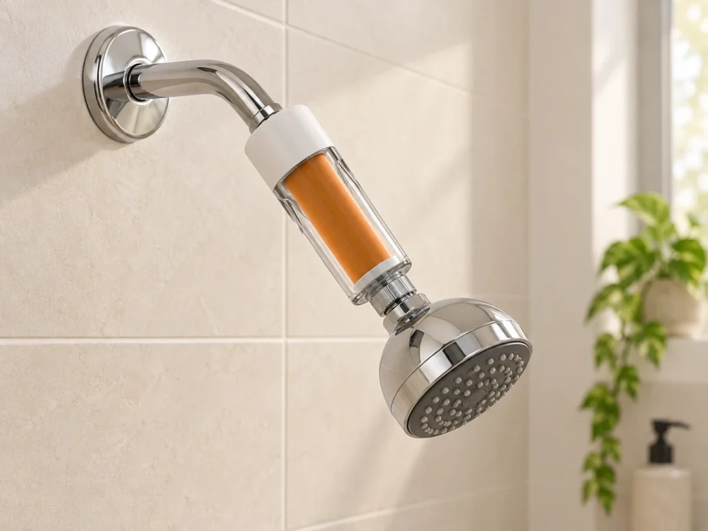 SUHAE Universal installed between a chrome shower arm and shower head.