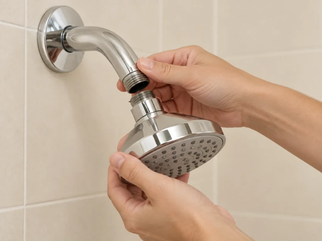 Hands unscrewing an existing shower head from the wall arm.