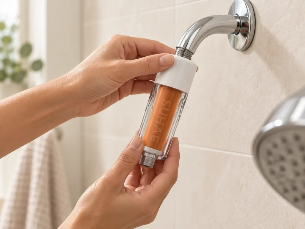 Hands fitting a SUHAE Universal filter onto the shower arm.