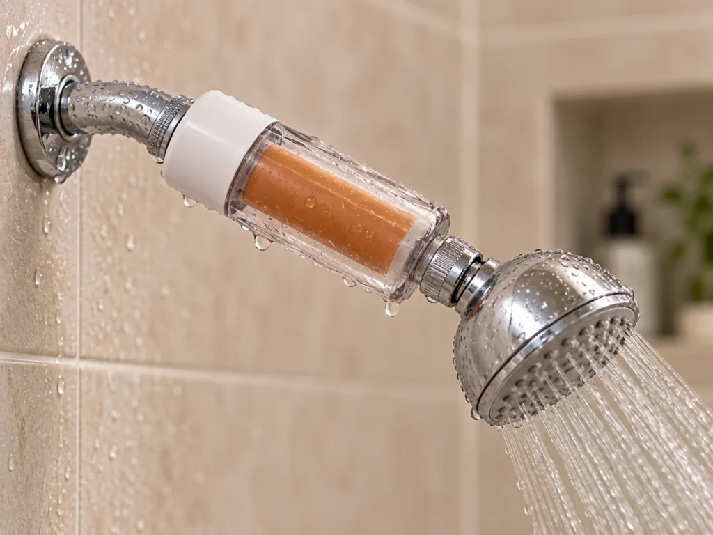 Water running through a SUHAE Universal filter before reaching the shower head.