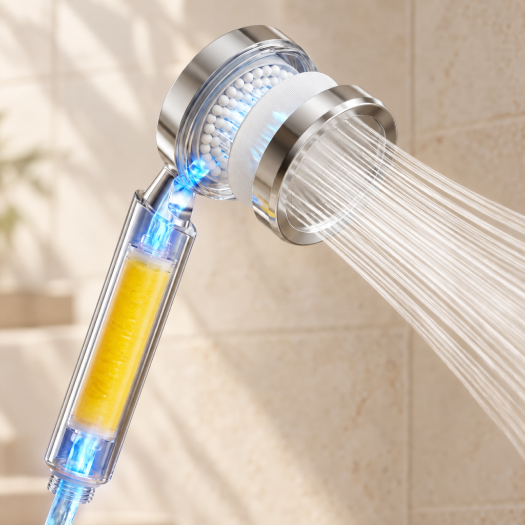 Transparent SUHAE showerhead showing ceramic beads, micro fabric and vitamin C refill stages