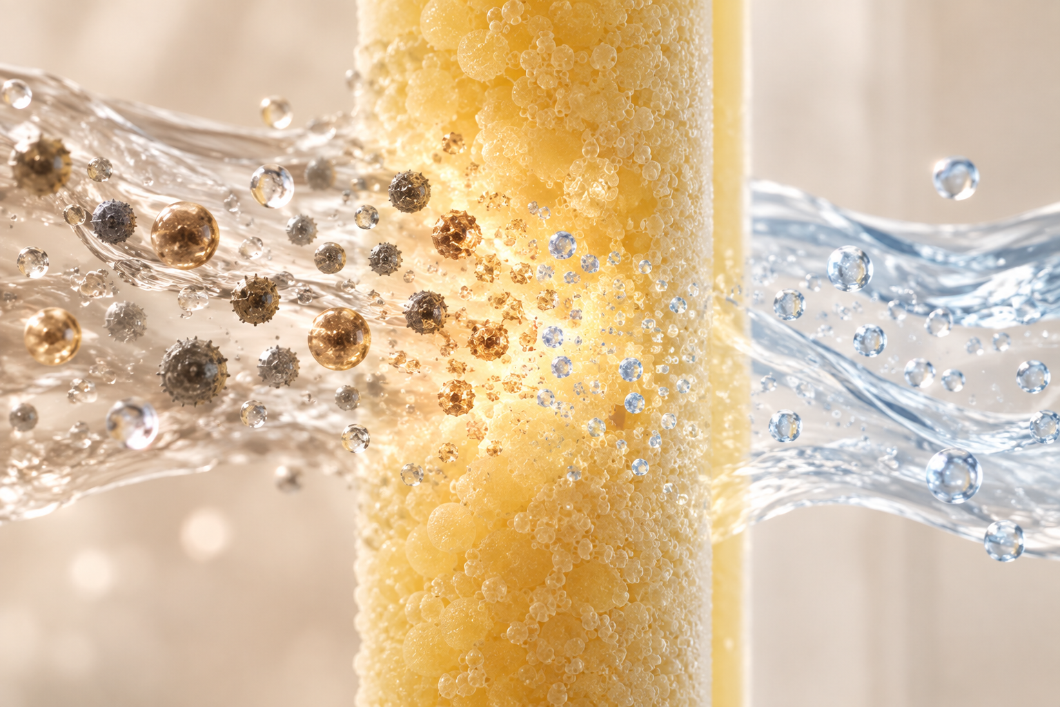 Macro view of shower water passing through vitamin C filter media
