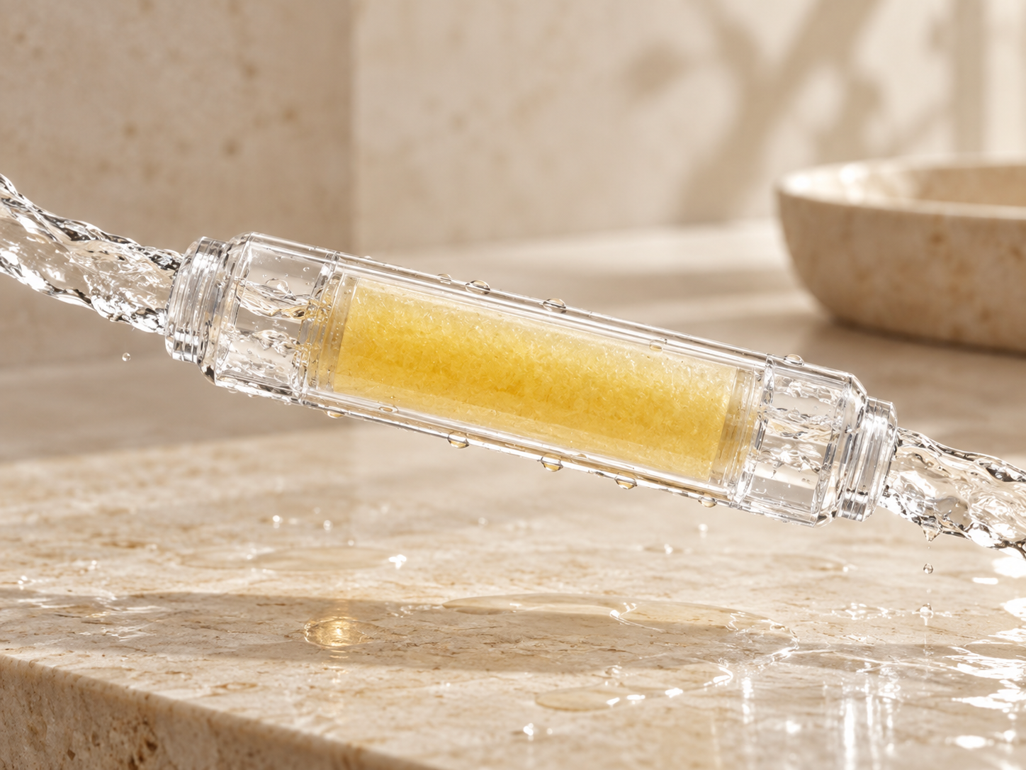 Clear water flowing continuously through a SUHAE vitamin C cartridge