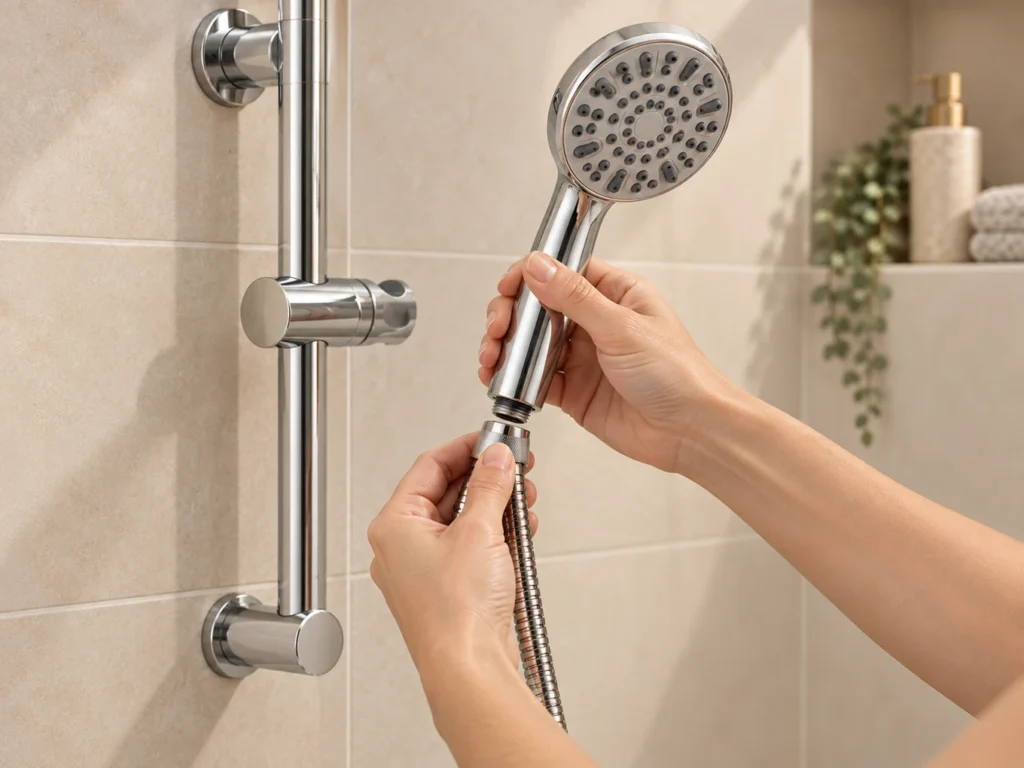 Removing an existing handheld shower head from a chrome hose beside a shower rail