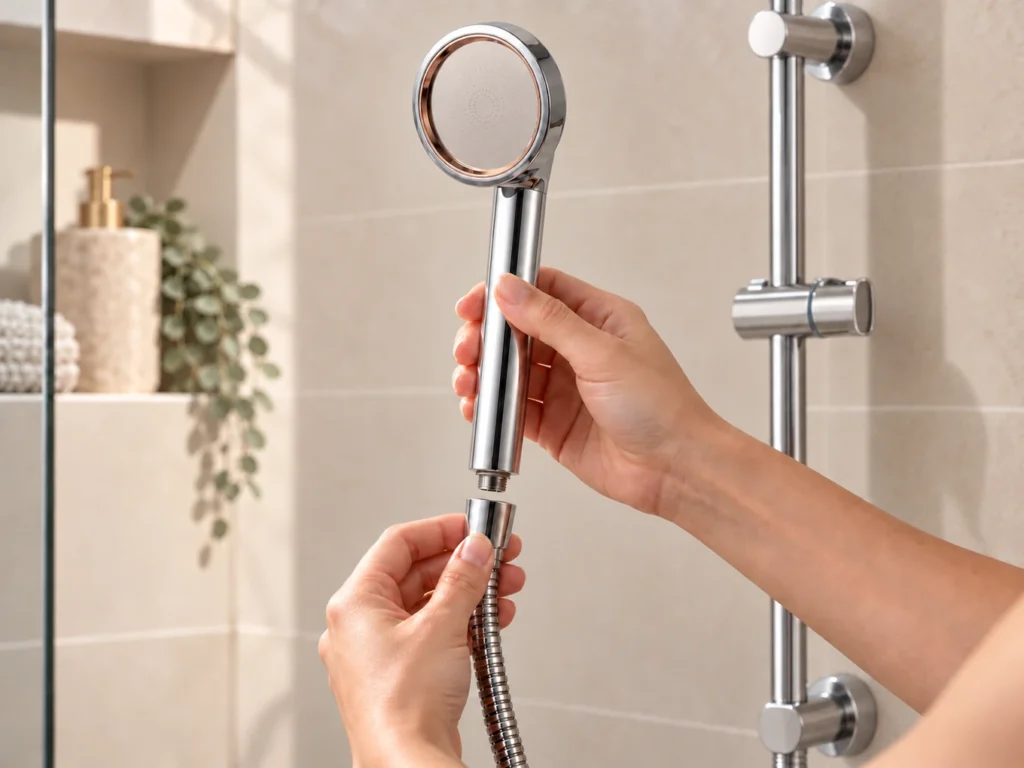 Installing a slim SUHAE handheld shower head onto a chrome hose beside a shower rail