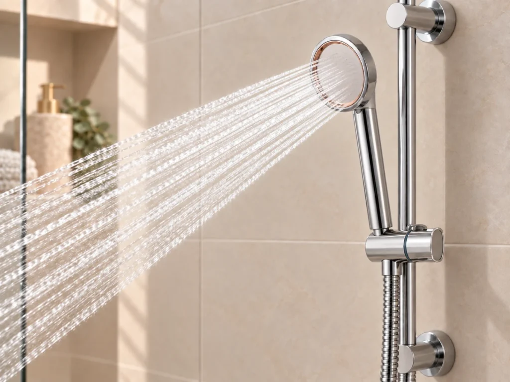 SUHAE handheld shower head on a chrome rail producing strong straight water jets